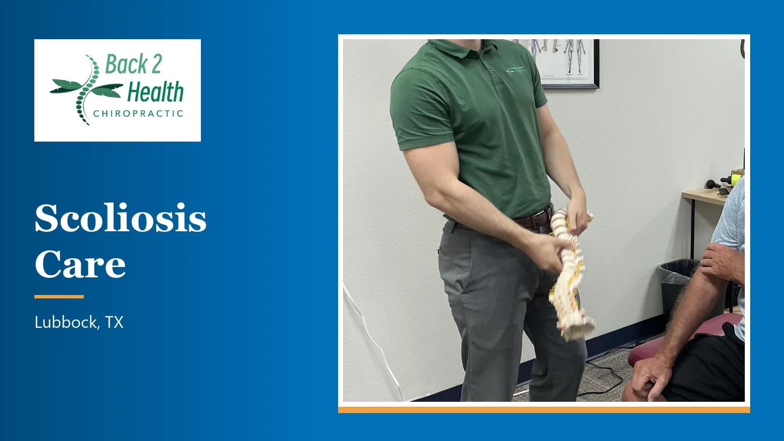 Provider in a green polo holding a model of the spine, beside the title Scoliosis Care